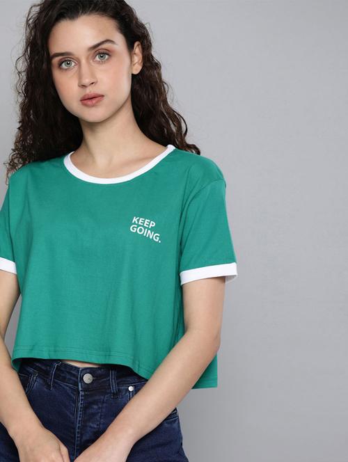 green placement print round neck crop t-shirt - 20721494 - Very Small Image - 1