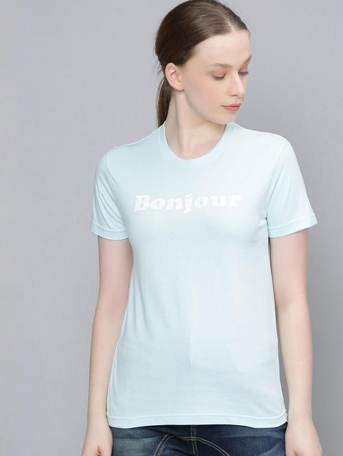 light blue chest print round neck t-shirt - 20721526 - Very Small Image - 1