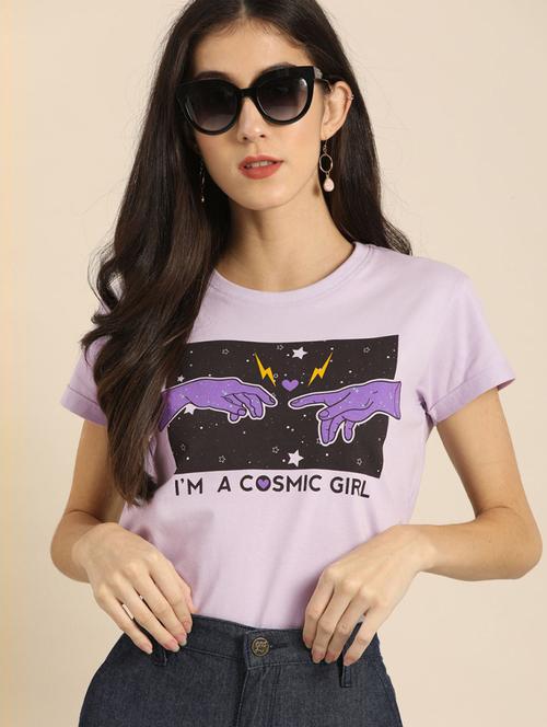 lavender chest print round neck t-shirt - 20721613 - Very Small Image - 1