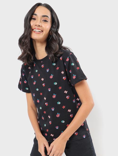 black cotton all over print tshirt - 20721893 - Very Small Image - 1