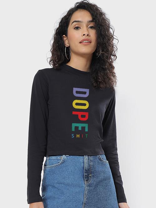 women black cotton typographic t-shirt - 20722101 - Very Small Image - 1