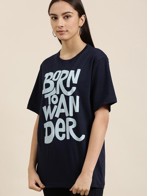 navy blue front print relaxed fit round neck t-shirt - 20722211 - Very Small Image - 1