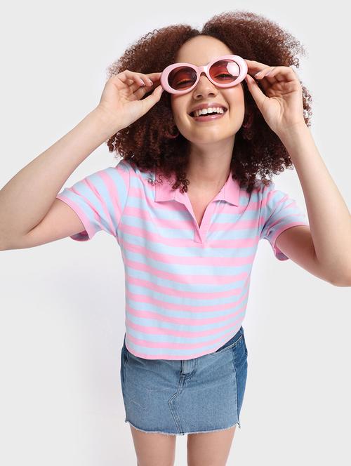 pink & blue striped crop polo t-shirt - 20722278 - Very Small Image - 1