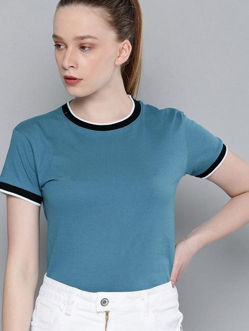 solid teal blue detailed round neck t-shirt - 20722417 - Very Small Image - 1