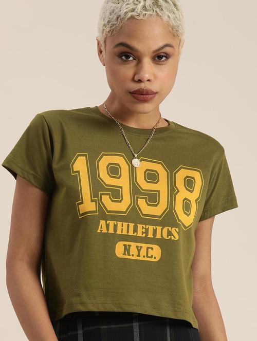 olive green front print crop t-shirt - 20722474 - Very Small Image - 1