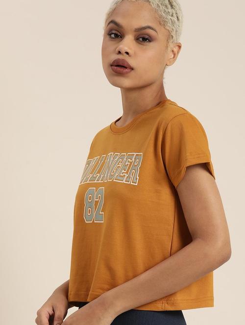 women mustard cotton typographic crop t-shirt - 20722476 - Very Small Image - 1