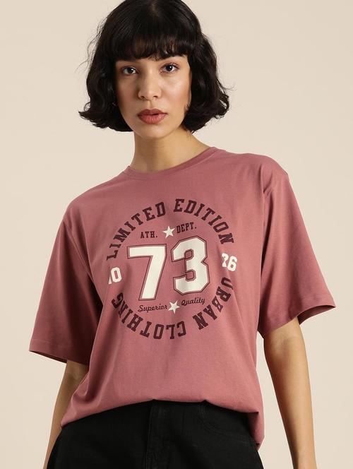 peach chest printed oversized round neck t-shirt - 20722488 - Very Small Image - 1