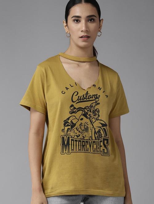 khaki front print choker styled neck t-shirt - 20722537 - Very Small Image - 1