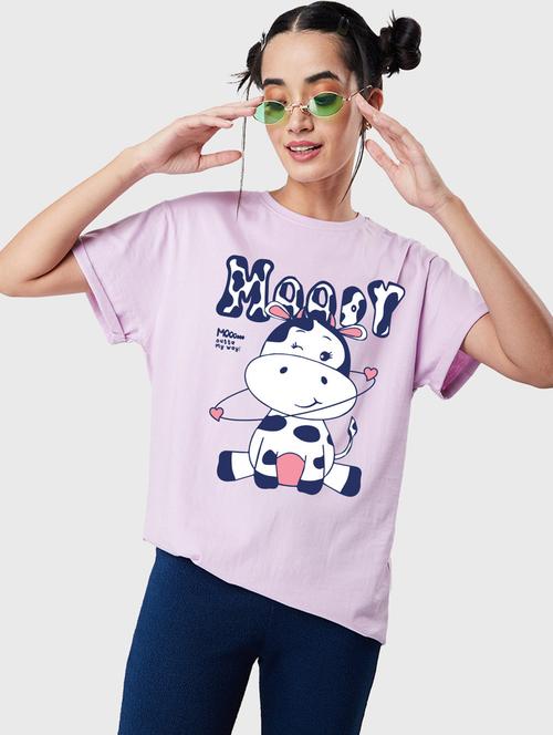 lavender front print oversized round neck t-shirt - 20722635 - Very Small Image - 1