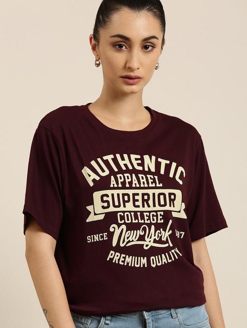 women maroon typographic round neck oversized t-shirt - 20722638 - Very Small Image - 1