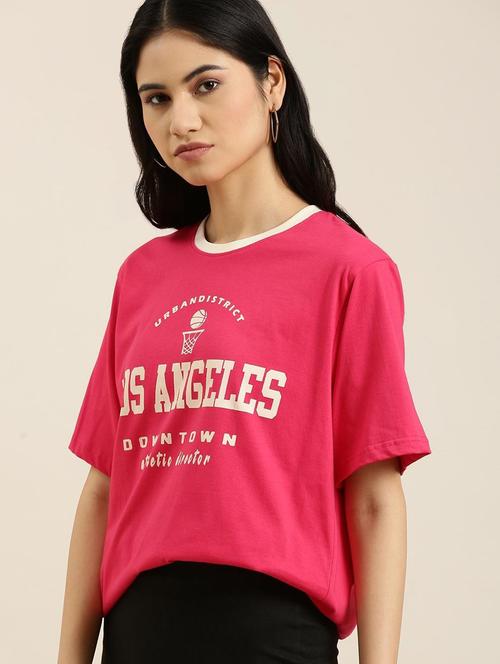 pink chest print detailed oversized round neck t-shirt - 20722662 - Very Small Image - 1