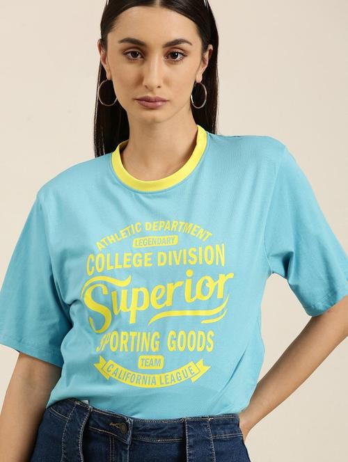 light blue front print oversized round neck t-shirt - 20722666 - Very Small Image - 1