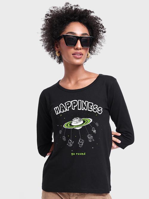black front print round neck t-shirt - 20722679 - Very Small Image - 1