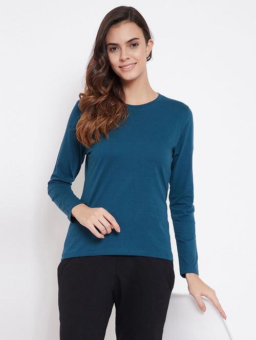 solid blue round neck long sleeves t-shirt - 20722707 - Very Small Image - 1