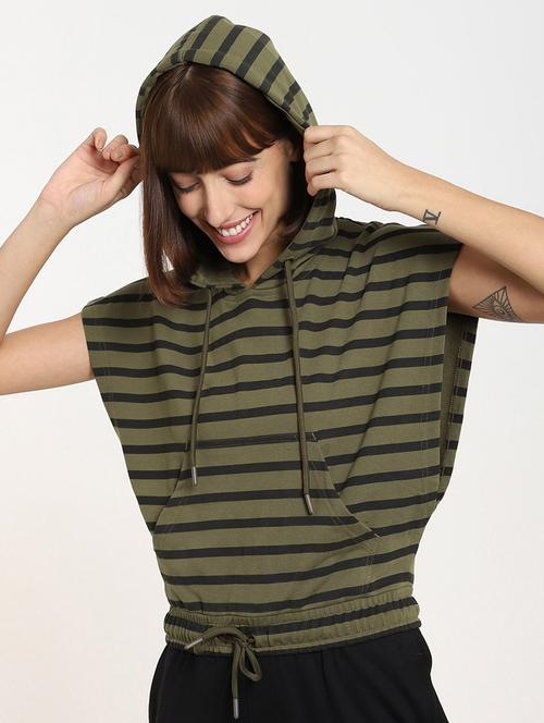 olive green striped hooded crop t-shirt - 20722879 - Very Small Image - 1