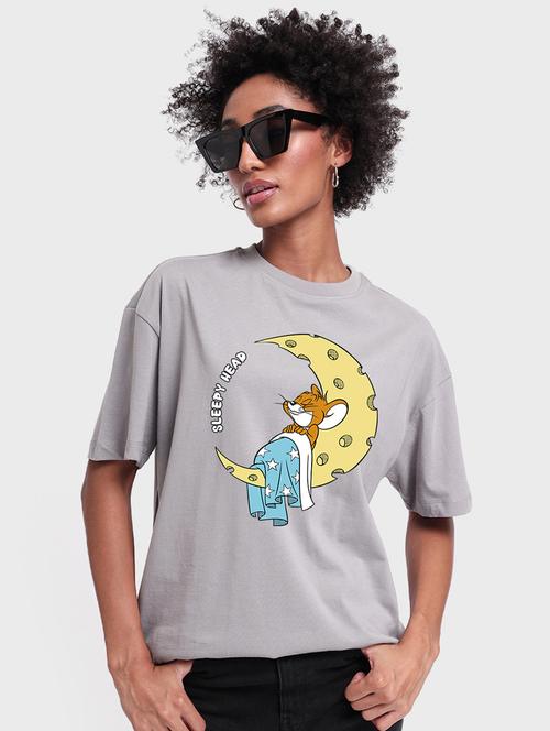 grey chest print oversized round neck t-shirt - 20722910 - Very Small Image - 1