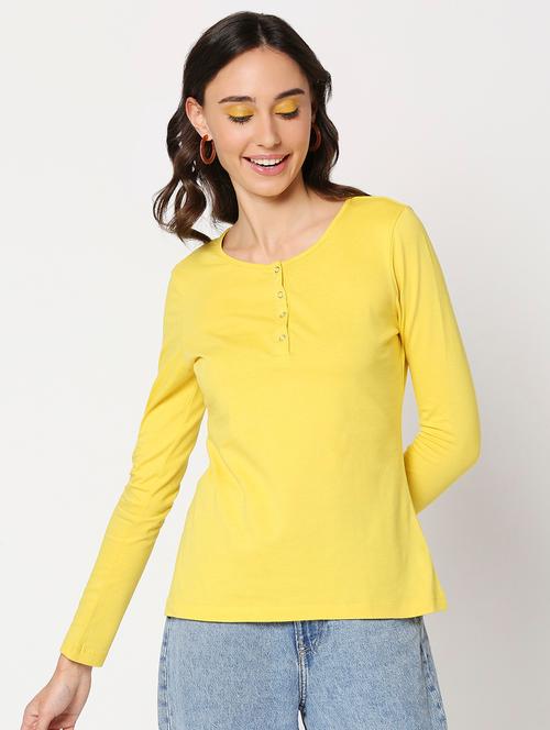 solid yellow button detailed round neck t-shirt - 20723001 - Very Small Image - 1