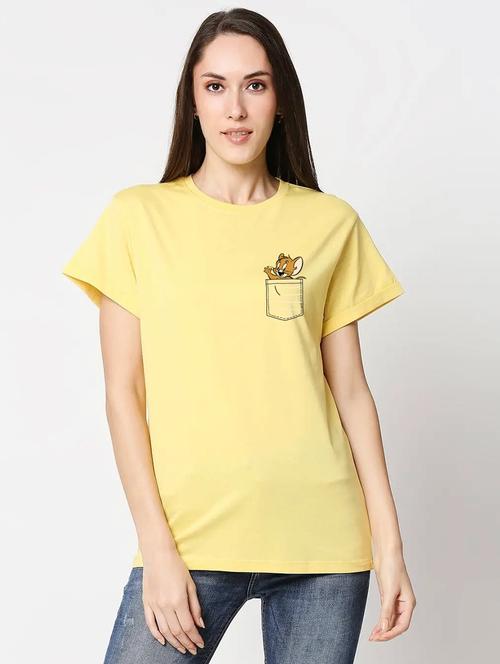 yellow placement print round neck t-shirt - 20723036 - Very Small Image - 1