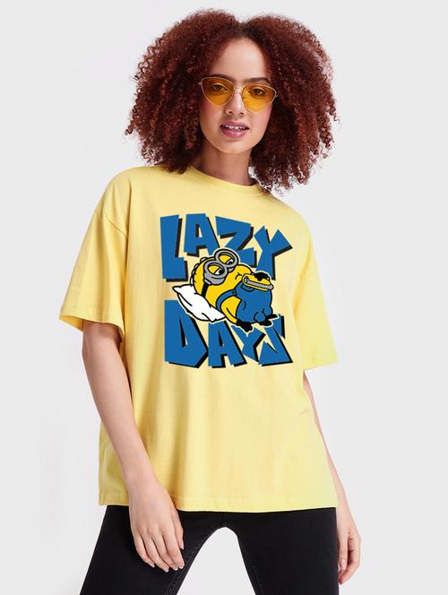 yellow front print oversized round neck t-shirt - 20723067 - Very Small Image - 1