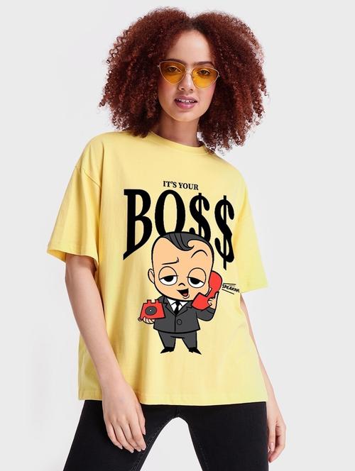 women yellow typographic round neck oversized t-shirt - 20723141 - Very Small Image - 1