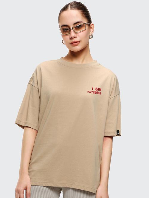 brown back print oversized round neck t-shirt - 20723382 - Very Small Image - 1