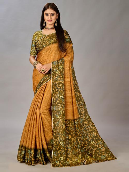 women mustard floral printed saree with blouse - 20723846 - Very Small Image - 1