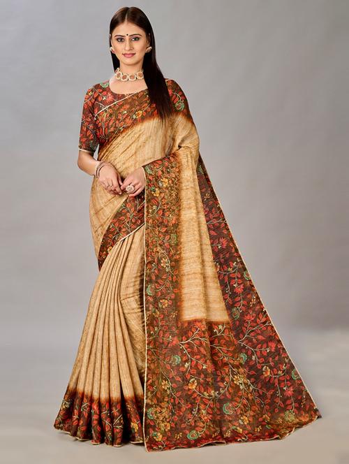 women beige floral printed saree with blouse - 20723847 - Very Small Image - 1