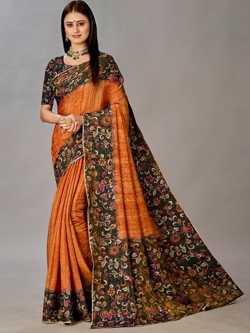 orange silk printed saree with blouse - 20723850 - Very Small Image - 1