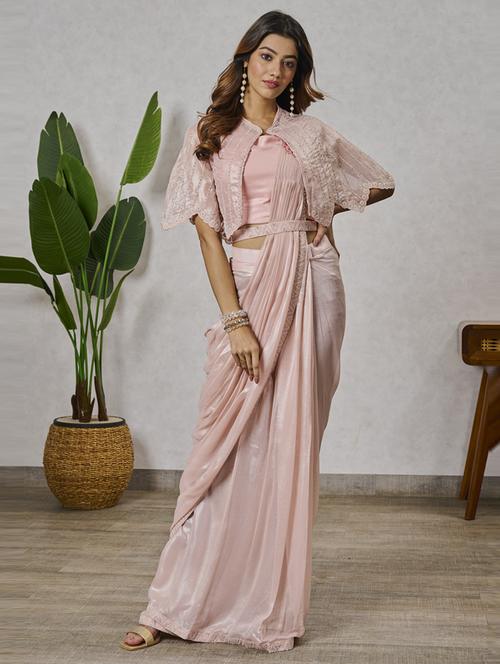 peach ready to wear saree with blouse - 20723892 - Very Small Image - 1