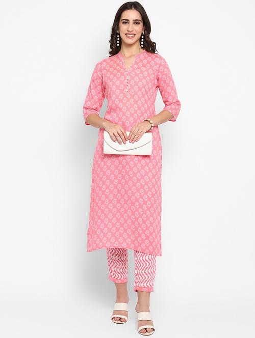 women pink mandarin neck kurta pant set - 20725557 - Very Small Image - 1