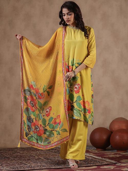 yellow three quarter sleeve kurta pant set - 20727237 - Very Small Image - 1