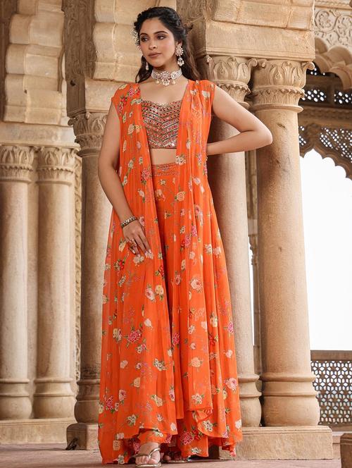 orange crop top & palazzo set with shrug - 20727266 - Very Small Image - 1