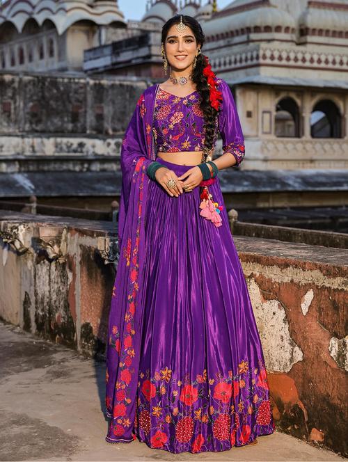 floral embroidered flared lehenga choli with dupatta - 20727310 - Very Small Image - 1
