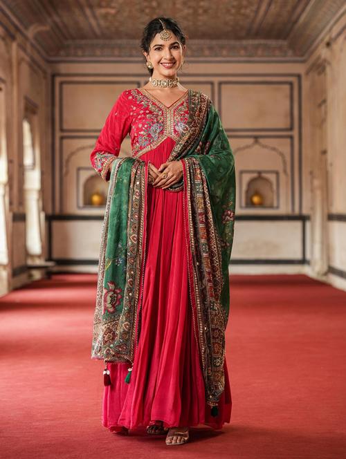 red solid with work flared kurta with dupatta set - 20727340 - Very Small Image - 1