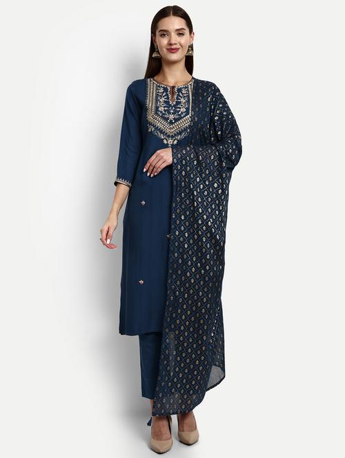 navy blue three quarter sleeve suit set - 20727505 - Very Small Image - 1