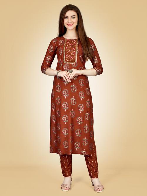 women brown round neck kurta pant set - 20728988 - Very Small Image - 1