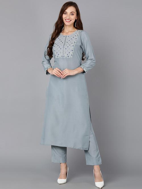 grey silk blend straight kurta - 20729339 - Very Small Image - 1