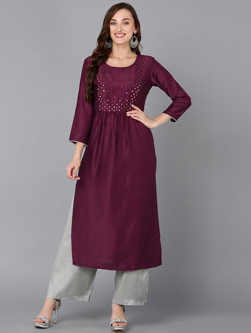 burgundy silk blend straight kurta - 20729341 - Very Small Image - 1