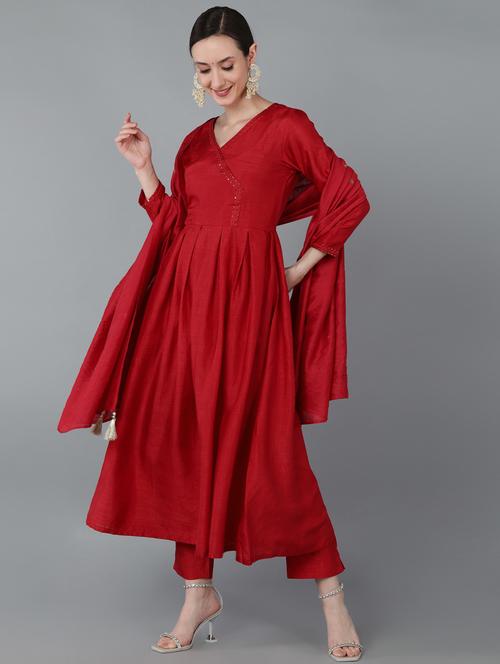 red kurta pant set with dupatta - 20729380 - Very Small Image - 1