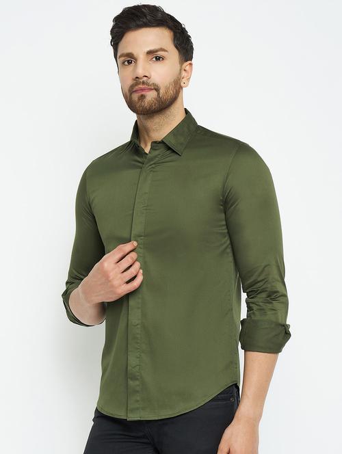 olive cotton casual shirt - 20730426 - Very Small Image - 1