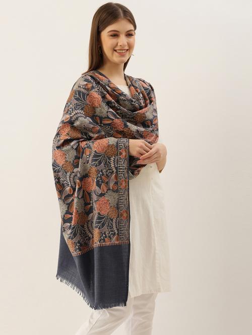 navy blue embroidered wool shawl - 20739684 - Very Small Image - 1
