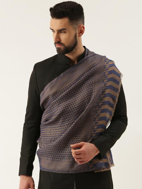 blue self design wool shawl - 20740070 - Very Small Image - 1