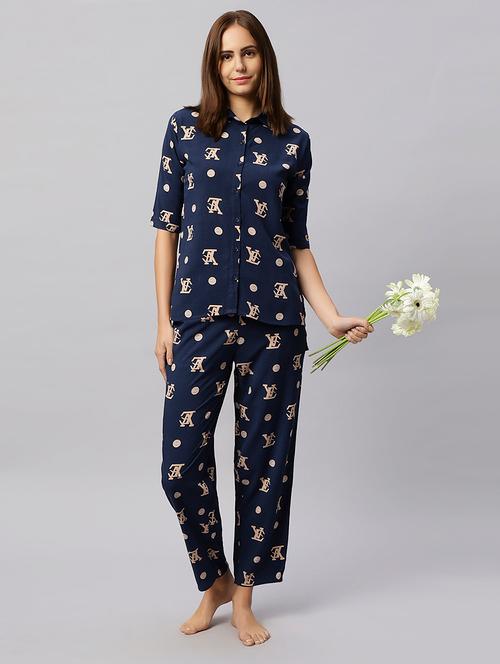 women blue printed pyjama set nightwear - 20742829 - Very Small Image - 1