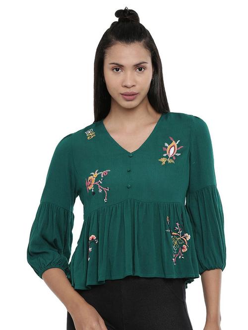 women bottle green embroidered peplum top - 20743837 - Very Small Image - 1
