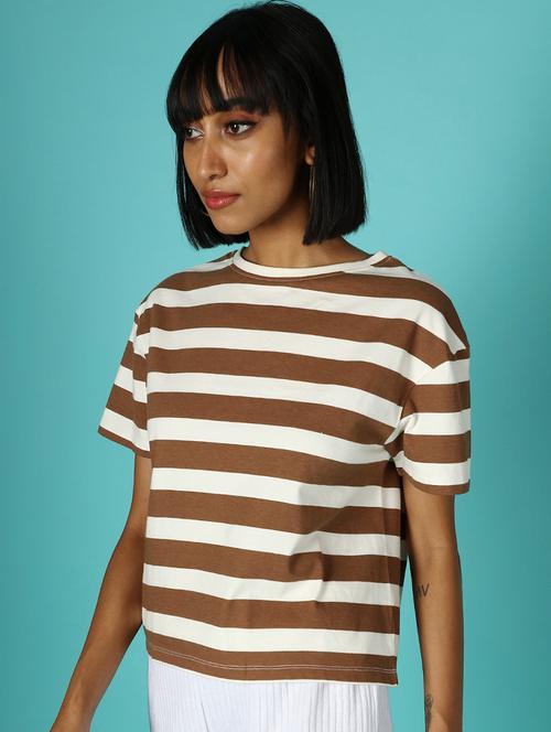 women brown stripes printed regular t-shirt - 20743911 - Very Small Image - 1