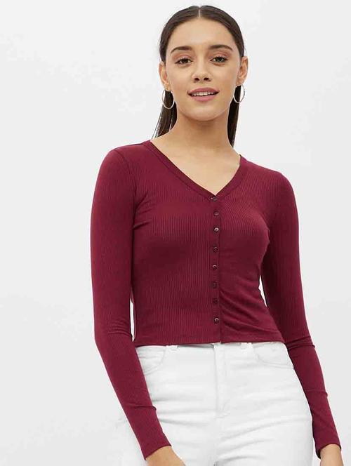 women maroon solid v-neck crop top - 20743961 - Very Small Image - 1