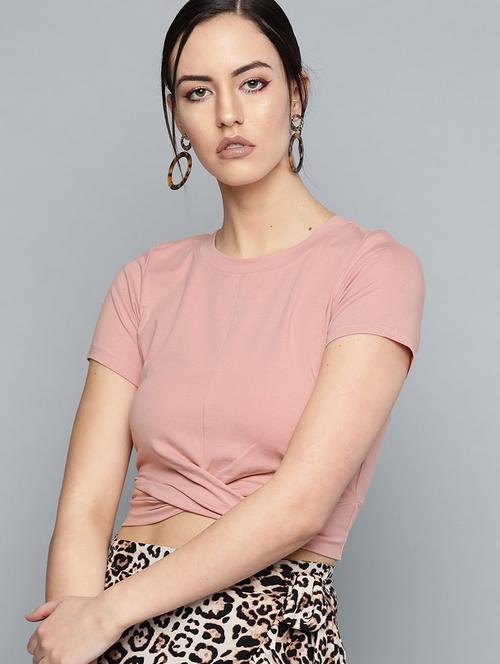 women pink solid round neck crop top - 20744087 - Very Small Image - 1