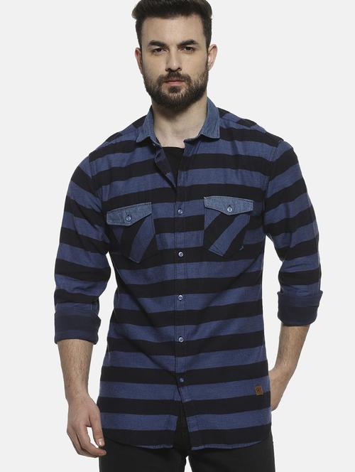 navy blue striped casual shirt - 20744113 - Very Small Image - 1