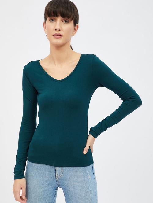 women green solid v-neck regular top - 20744262 - Very Small Image - 1