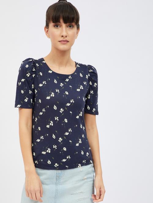 women navy blue floral printed round neck regular top - 20745334 - Very Small Image - 1